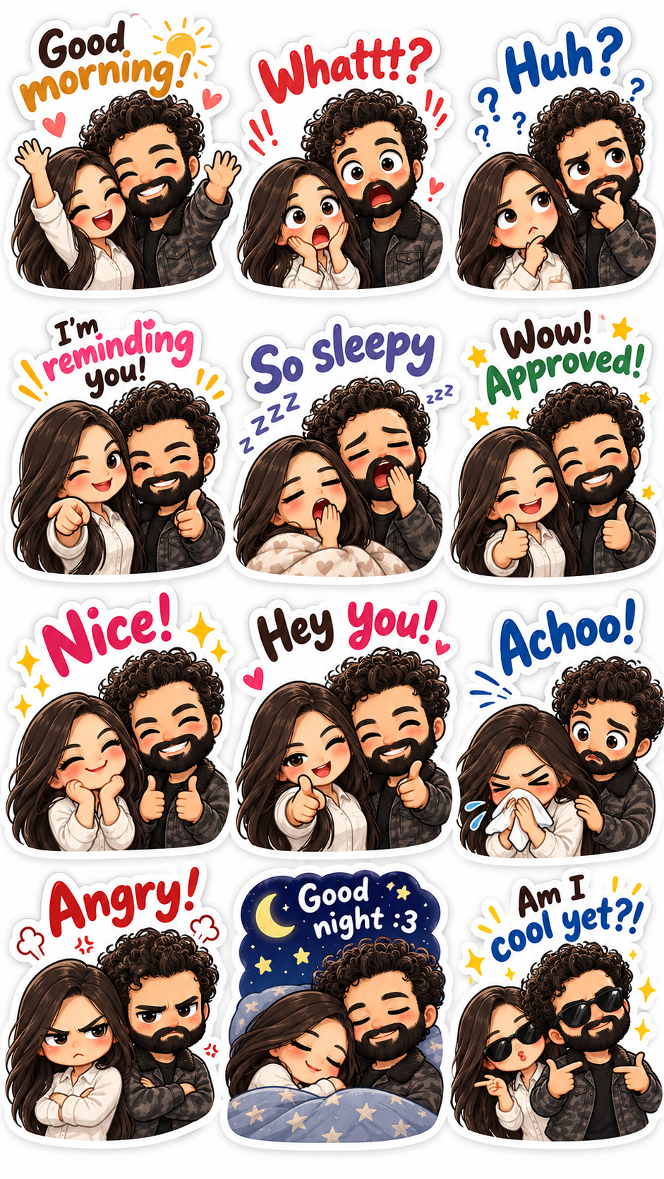 Sticker sheet with English captions: Good morning!, Whatt!?, Huh?, I'm reminding you!, So sleepy, Wow! Approved!, Nice!, Hey You!, Achoo!, Angry!, Good night :3, Am I cool yet?!